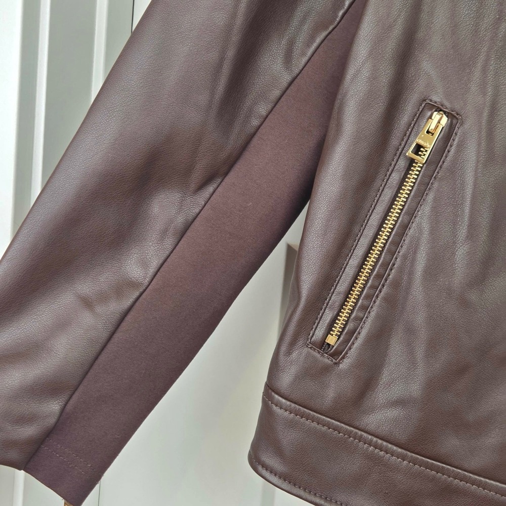 Chicos Brown Faux Leather Moto Jacket Size 3 US 16/18 Gold Hardware Asymmetrical - Picture 5 of 16